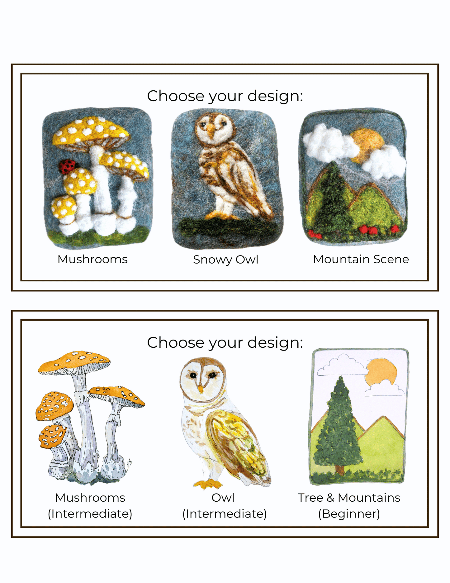 Design selection graphic for Wooly Washer felted soap kits showing finished felted designs and matching illustrated templates, including mushrooms, snowy owl, and mountain scene options with beginner and intermediate difficulty labels.