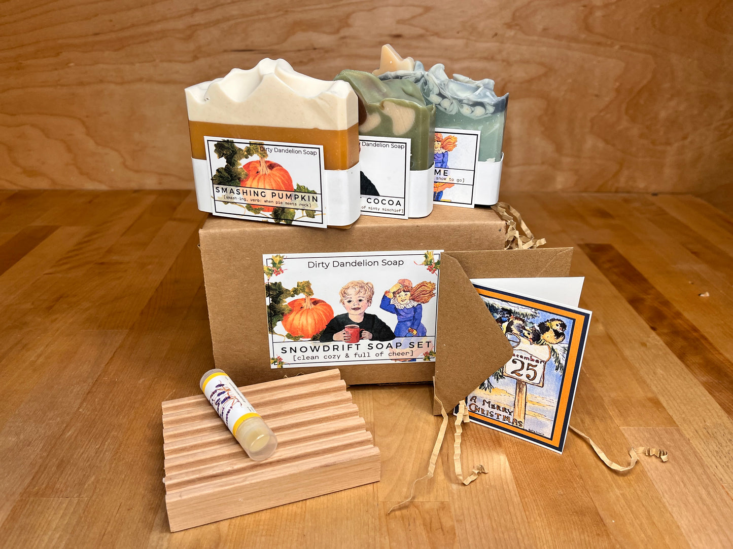 3-Soap Holiday Gift Box 'Snowdrift Soap Set' with Lip Balm, Card, & Hardwood Soap Dish ($40 value)