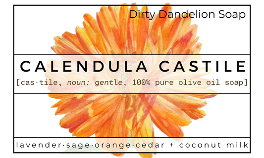 Calendula Castile soap label with a dandelion flower graphic and product description.