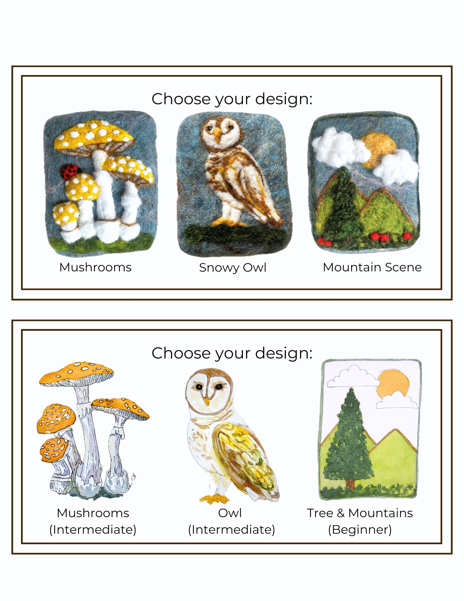 Design selection graphic for Wooly Washer felted soap kits showing finished felted designs and matching illustrated templates, including mushrooms, snowy owl, and mountain scene options with beginner and intermediate difficulty labels.