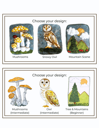 Design selection graphic for Wooly Washer felted soap kits showing finished felted designs and matching illustrated templates, including mushrooms, snowy owl, and mountain scene options with beginner and intermediate difficulty labels.
