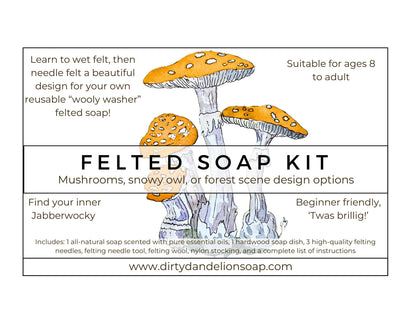 Illustrated Felted Soap Kit information card showing hand-drawn yellow mushrooms with text describing a beginner-friendly Wooly Washer felting kit, suitable for ages 8 to adult, with mushroom, snowy owl, or forest scene design options and included materials.