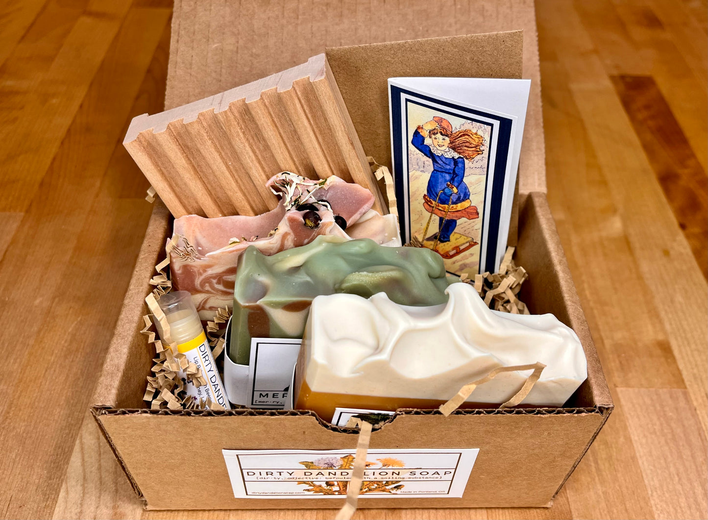 3-Soap Holiday Gift Box 'Snowdrift Soap Set' with Lip Balm, Card, & Hardwood Soap Dish ($40 value)