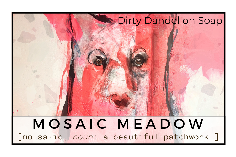 Abstract watercolor-style illustration in red and pink tones featuring an expressive animal face, used as the Mosaic Meadow label for Dirty Dandelion Soap
