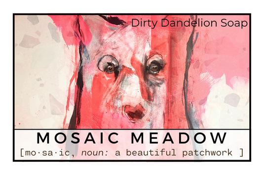 Abstract watercolor-style illustration in red and pink tones featuring an expressive animal face, used as the Mosaic Meadow label for Dirty Dandelion Soap